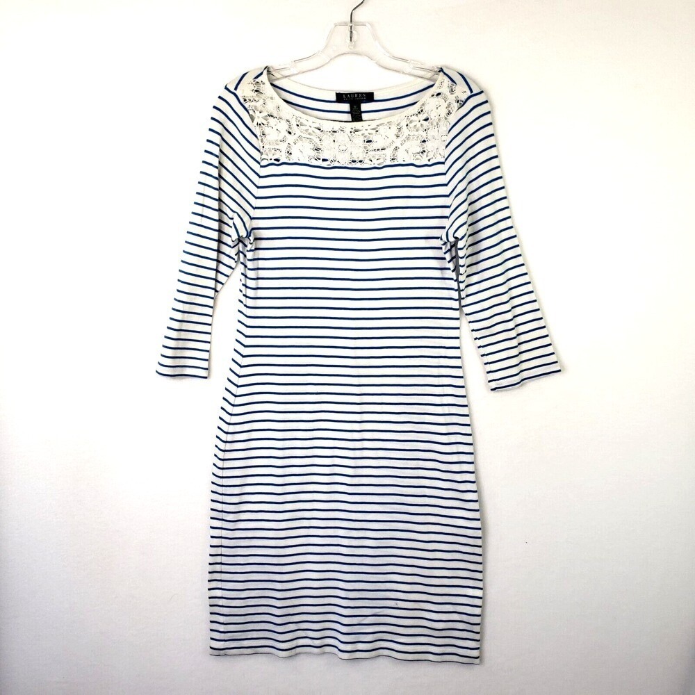 Lauren Ralph Lauren Striped Knit Dress Lace Detail Casual Cotton Blend Size M‎